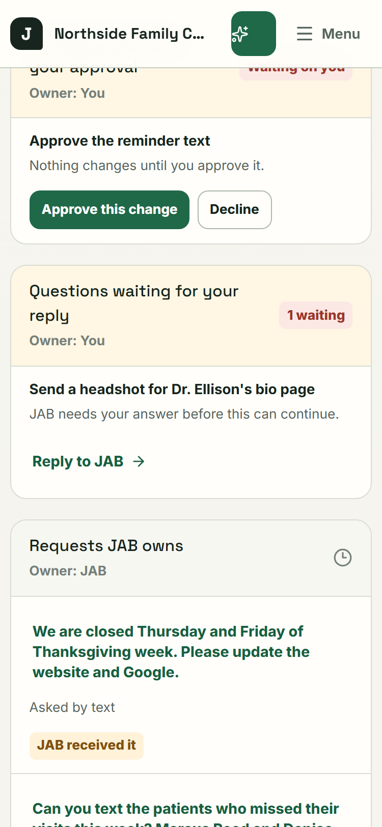 The Approvals page in JAB Ops. A customer-facing change waits here until the owner approves it.