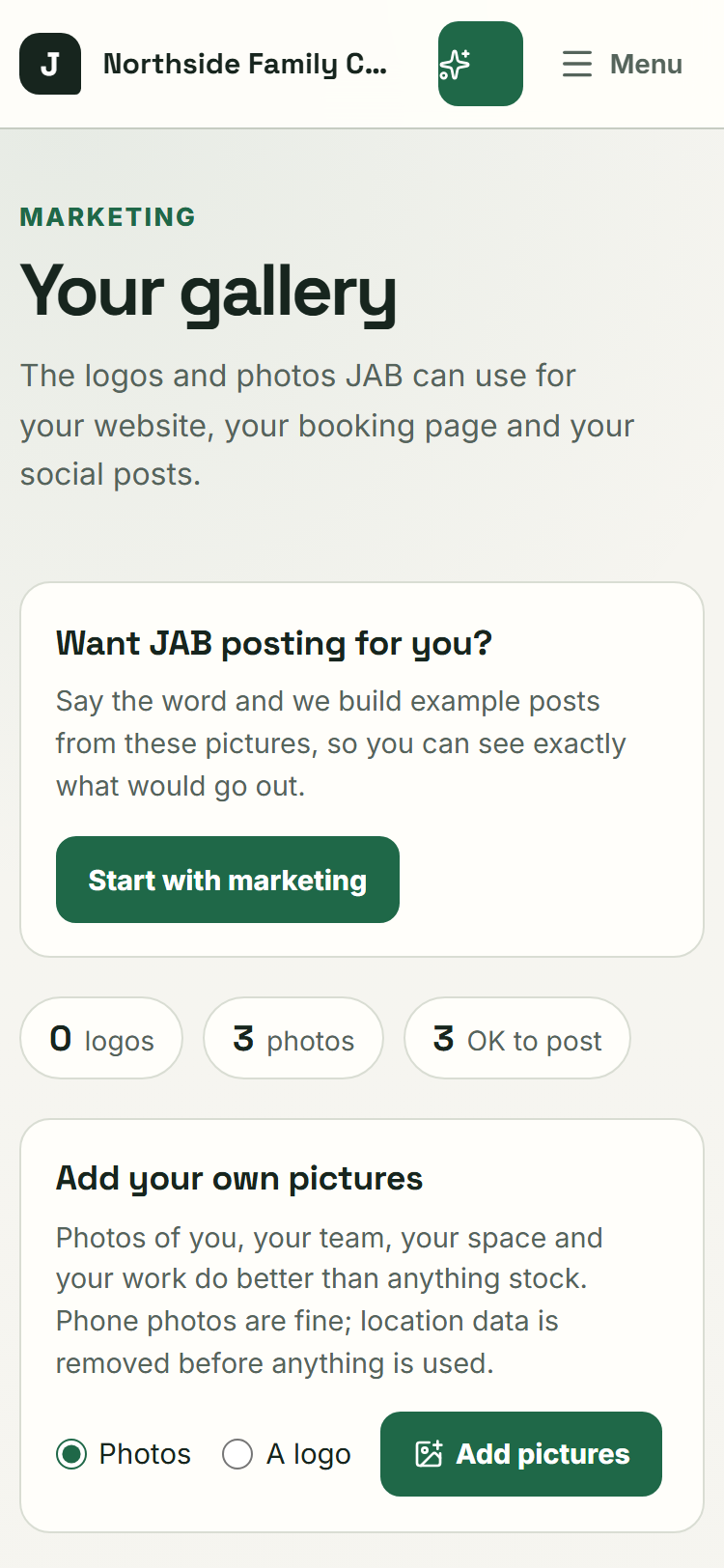 The marketing gallery in JAB Ops. Drafted social posts for the sample practice wait for review before they go out.