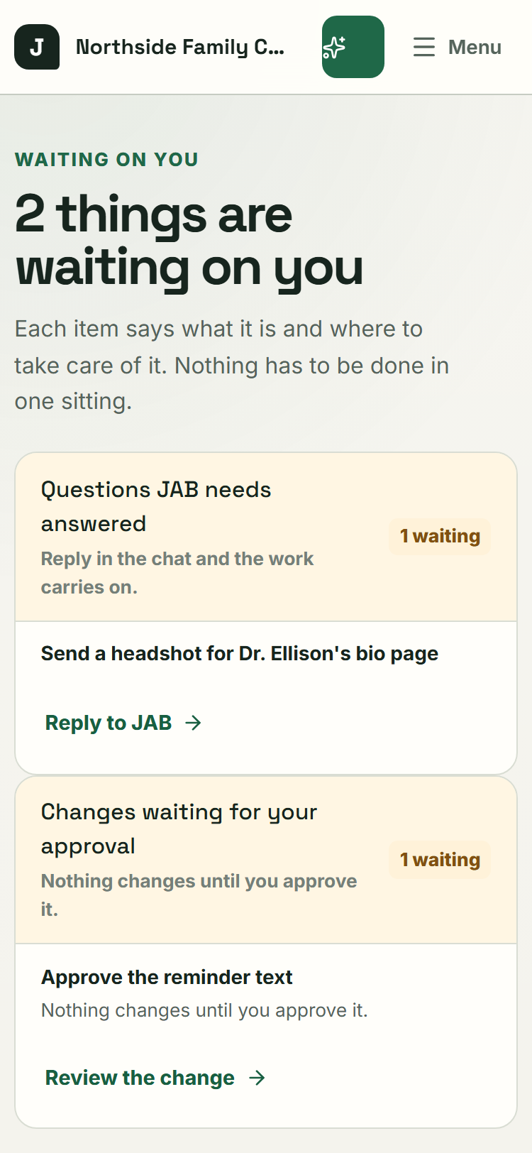 The What JAB needs from you cards in the client portal. Each card says what is needed and why.