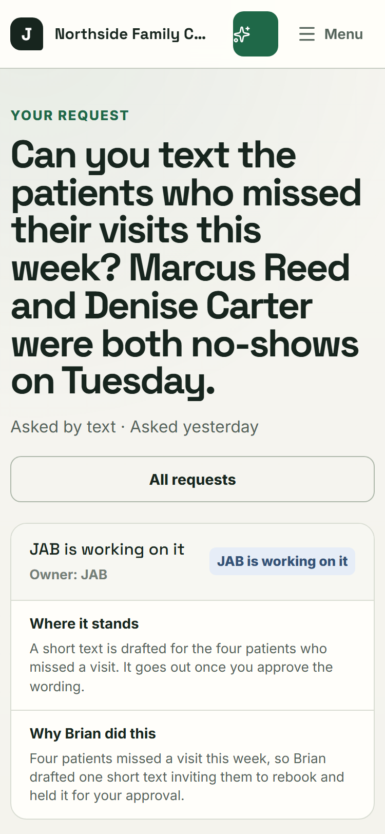 One request opened in JAB Ops. It shows the original message, who owns it and the next step.
