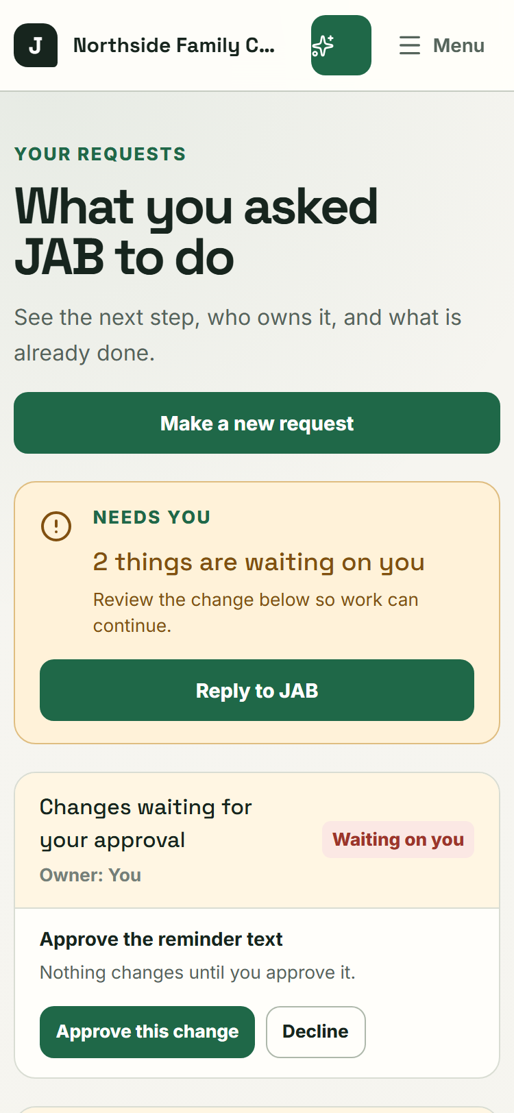 The Requests page in JAB Ops for a sample chiropractic practice. Each request shows what was asked, who owns it and its status.